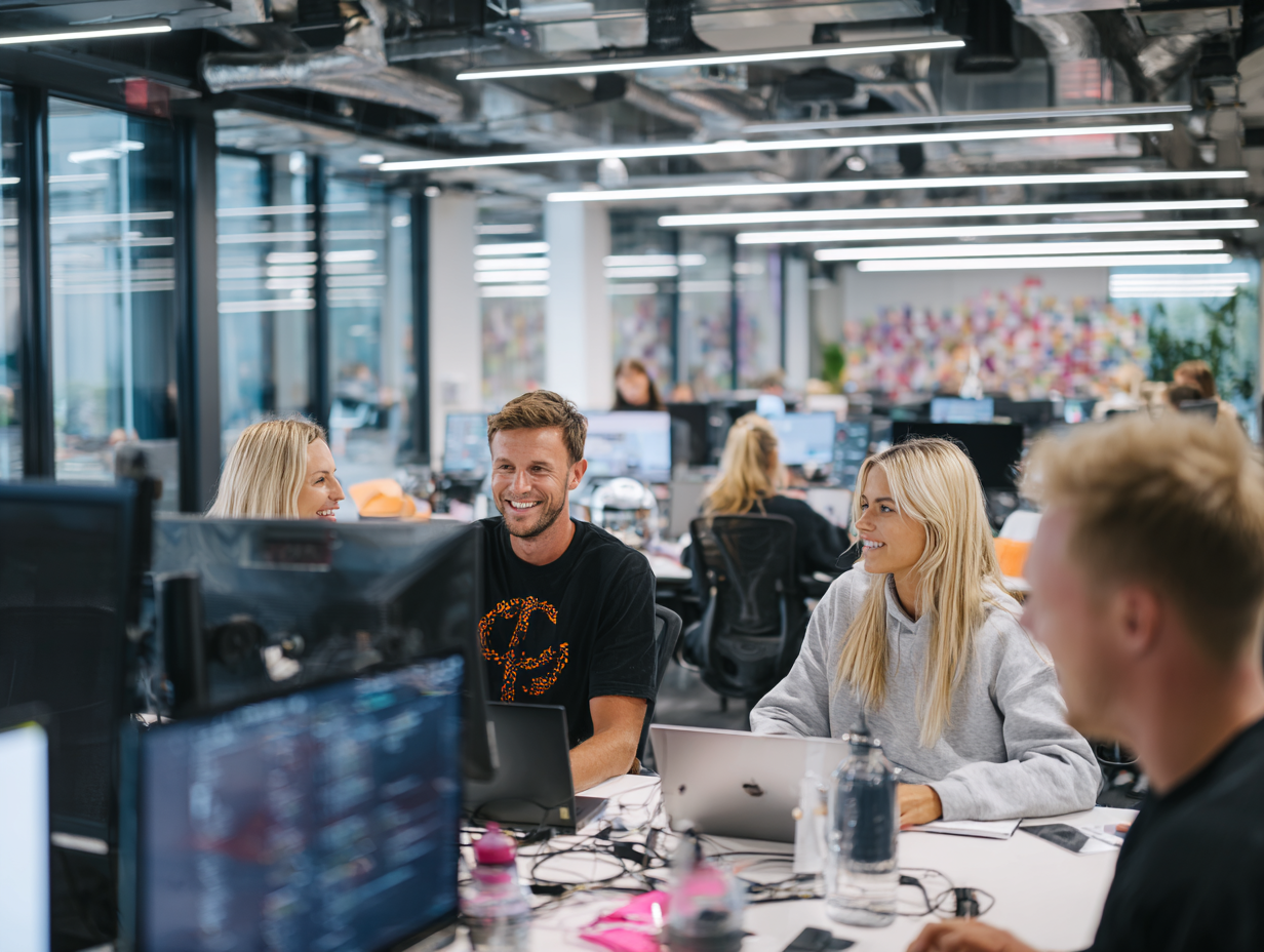 Engineering team collaborating over code